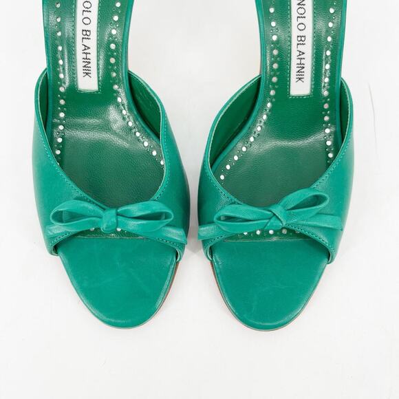 Manolo Blahnik Green Leather Pertinanu Bow Detail Kitten Heel Mules IT 37 - Picture 6 of 10
